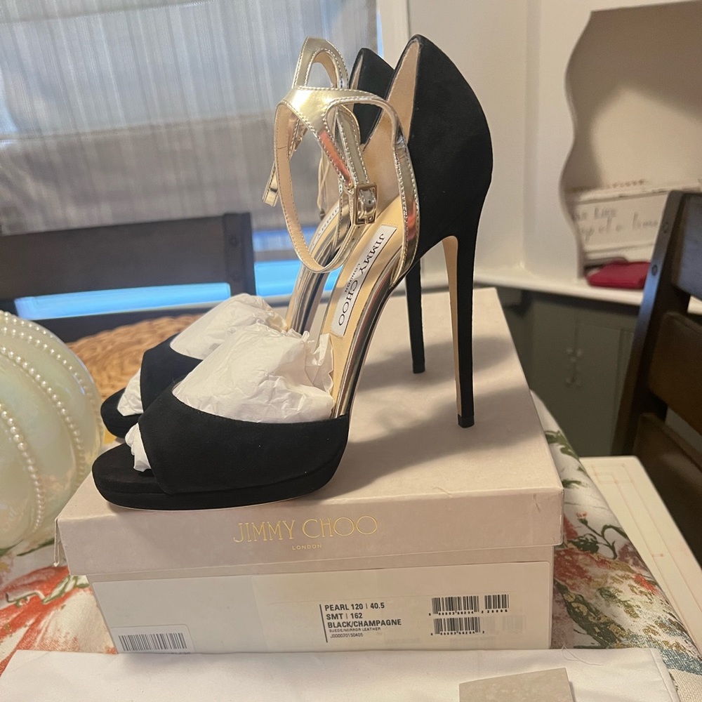 NEW Jimmy Choo Pearl 120 Black/Champagne Sandals Heels Sz 40.5 EUR / 10 US